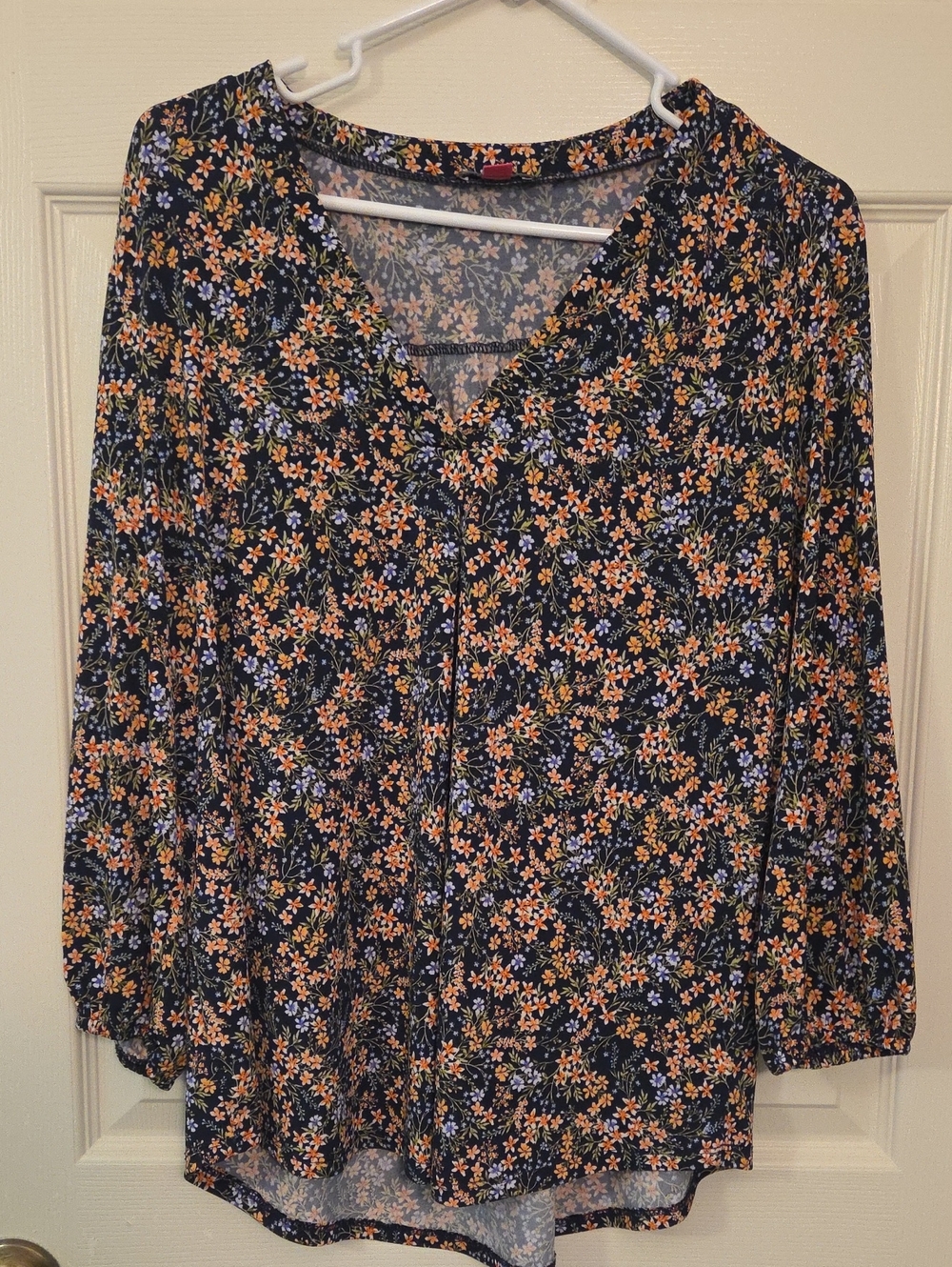 Vince Camuto Women Black Peach Blue Floral V-Neck Blouse Shirt Large